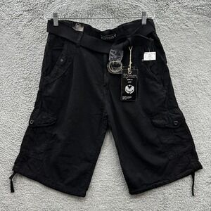 NWT Koman Men's 38 Black Cargo Shorts with Belt Cotton Drawstring Hem Y2K